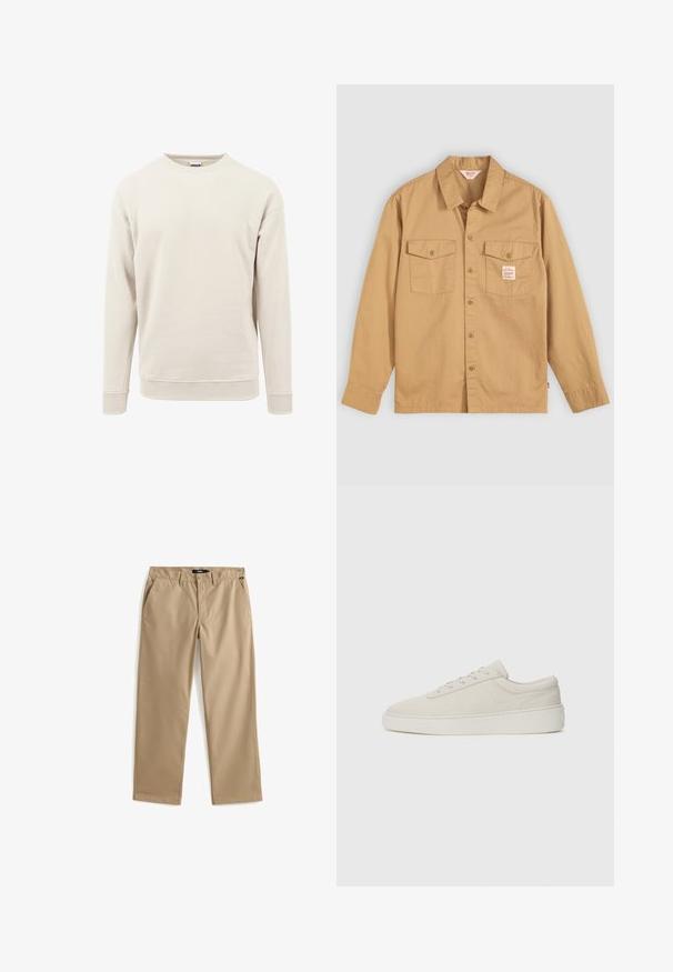 Helles beiges Sweatshirt aus weichem Stoff, mit rundem Hals, langen Ärmeln und gerippten Bündchen an den Ärmeln und am Saum.; Beige Hemd mit langen Ärmeln, zwei Brusttaschen und einem kleinen Etikett. Hergestellt aus Baumwolle mit einer glatten Textur und klassischem Kragen-Design.; Beige Chinos mit geradem Bein, gefertigt aus leichtem Baumwollstoff. Verfügen über zwei Vordertaschen und einen Knopfverschluss. Glatte Textur, minimalistische Details.; Beige Sneaker mit glattem Wildlederfinish, runder Zehenpartie und flacher Gummisohle. Verfügt über eine Schnürung und ein minimalistisches Design mit subtiler Naht.