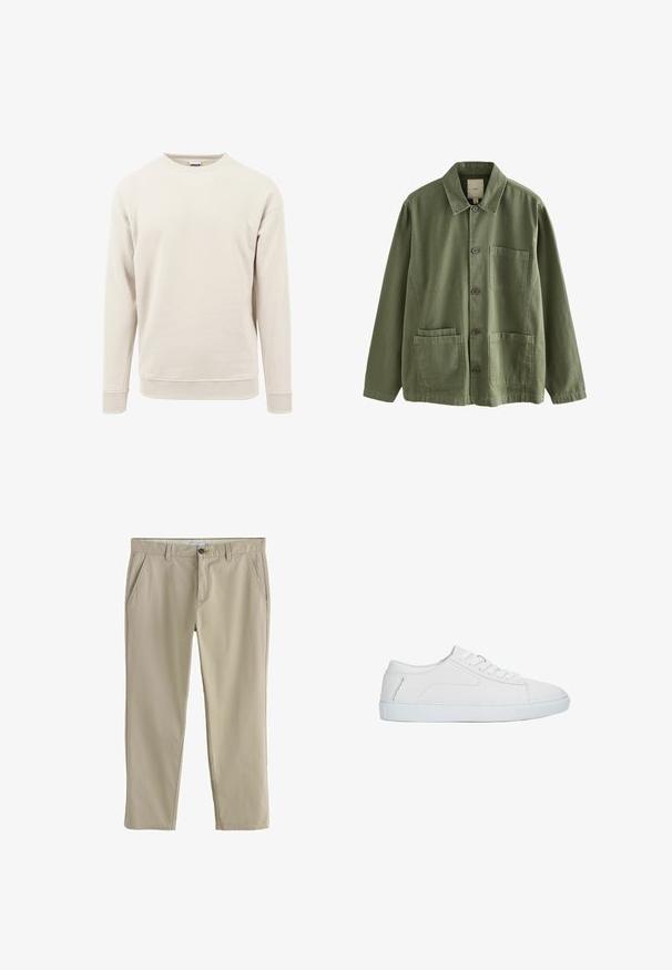 Helles beiges Sweatshirt aus weichem Stoff, mit rundem Hals, langen Ärmeln und gerippten Bündchen an den Ärmeln und am Saum.; Olivgrüne Jacke mit Knopfleiste, Kragen, langen Ärmeln, einer Brusttasche und zwei aufgesetzten Taschen vorne unten.; Beige Hose mit geradem Bein, Seitentaschen, Gürtelschlaufen und Knopfverschluss in der Taille.; Weißer niedriger Sneaker mit Schnürdesign, glattem Lederobermaterial und flacher Gummisohle, seitlich auf weißem Hintergrund dargestellt.