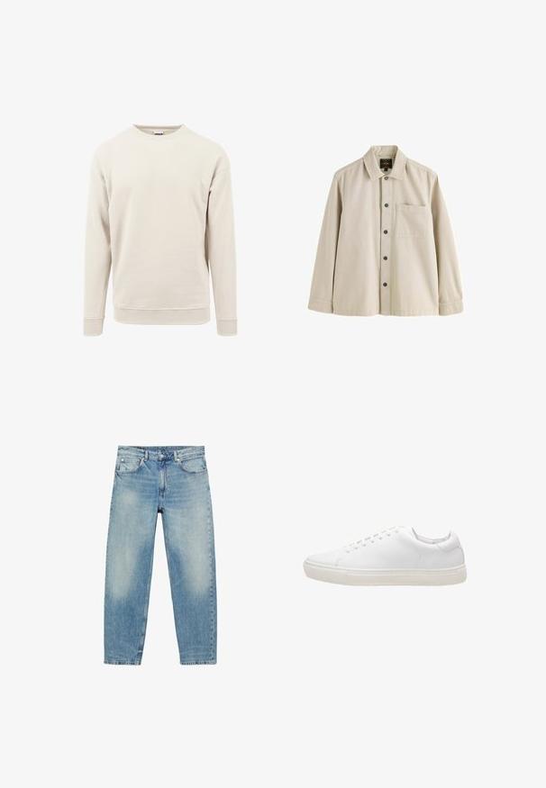 Lys beige sweatshirt lavet af blød stof, med rund hals, lange ærmer og ribbede manchetter ved ærmerne og kanten.; Beige langærmet skjorte med knapper, krave og en brystlomme, lavet af et robust stof.; Blå straight-leg denim jeans med forlommer og bæltestropper, der viser let falmede detaljer på lår og knæ.; Hvide lædersneakers med en glat overflade, rund tå, snørebåndslukning og flad gummisål. Minimalistisk design uden synlige mønstre.