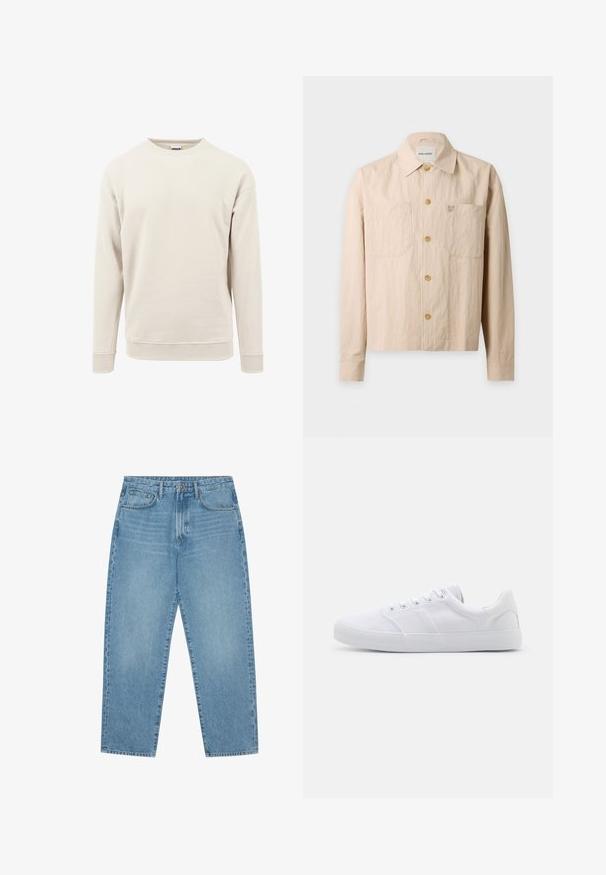 Sweatshirt beige clair en tissu doux, avec un col rond, des manches longues et des poignets côtelés aux manches et à l'ourlet.; Chemise beige à boutons, manches longues, deux poches poitrine et col, présentée sur fond blanc.; Jean en denim bleu clair avec une coupe droite, design cinq poches et une texture légèrement délavée. Dispose d'une fermeture à bouton et à glissière.; Baskets en toile blanches avec une semelle en caoutchouc, dotées de six œillets, d'un embout texturé et d'un design minimaliste.