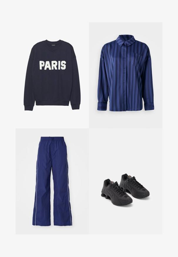Sudadera azul marino con puños y cuello de canalé, que presenta letras de forro polar en blanco que dicen "PARIS" en la parte delantera.; Camisa a rayas azul marino con cuello, bolsillo en el pecho y mangas largas. Confeccionada en una tela suave y brillante con un corte holgado.; Pantalones de pierna ancha, ligeros y de color azul marino, con cintura elástica y cordón, que cuentan con rayas blancas a los lados y una textura arrugada.; Zapatillas deportivas negras con una parte superior sintética lisa, acentos texturizados, diseño de cordones y amortiguación de resorte visible en el talón.