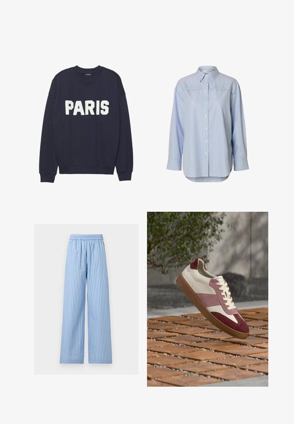 Sweatshirt bleu marine avec des poignets et un col côtelés, arborant des lettres en polaire blanche qui indiquent "PARIS" sur le devant.; Chemise rayée bleu clair avec un col classique, boutonnée sur le devant, manches longues et un ourlet arrondi. Confectionnée dans un tissu lisse.; Pantalon bleu clair à jambes larges avec fines rayures verticales bleu foncé et une taille élastique.; Baskets en cuir blanc avec accents en suède bordeaux et rose, dotées d'une semelle texturée et d'un design classique à lacets, surélevées au-dessus d'une surface en bois.
