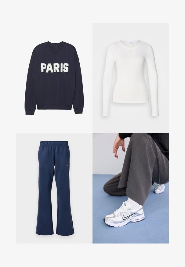 Marineblå sweatshirt med ribbede manchetter og halsudskæring, prydet med hvid fleece-tekst, der står "PARIS" på forsiden.; Hvid langærmet skjorte lavet af et blødt, glat stof; har en rund halsudskæring og en tætsiddende facon uden mønstre eller pynt.; Marineblå træningsbukser med flagrende bund, elastisk talje, sidelommer og hvidt Nike-logo på venstre lår. Glat stofstruktur.; Hvide og sølv atletik sko med meshej og syntetiske materialer, der har sorte accentlinjer, snørebånd og strukturerede såler.