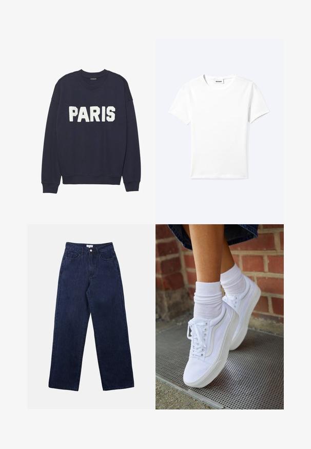 Marineblauwe sweatshirt met ribgebreide manchetten en halslijn, met witte fleece letters die "PARIJS" op de voorkant lezen.; Effen wit T-shirt met korte mouwen en ronde hals met een klein "WEEKDAY" label aan de binnenkant van de hals, plat neergelegd op een lichte achtergrond.; Donkerblauwe denim broek met een recht been ontwerp, voorzien van een knoopsluiting aan de voorkant, riemlussen en twee voorkokers.; Witte canvas sneakers met rubberen zolen, voorzien van zes vetertjes, een ronde neus en lichte stikdetails, gecombineerd met witte enkelsokken.