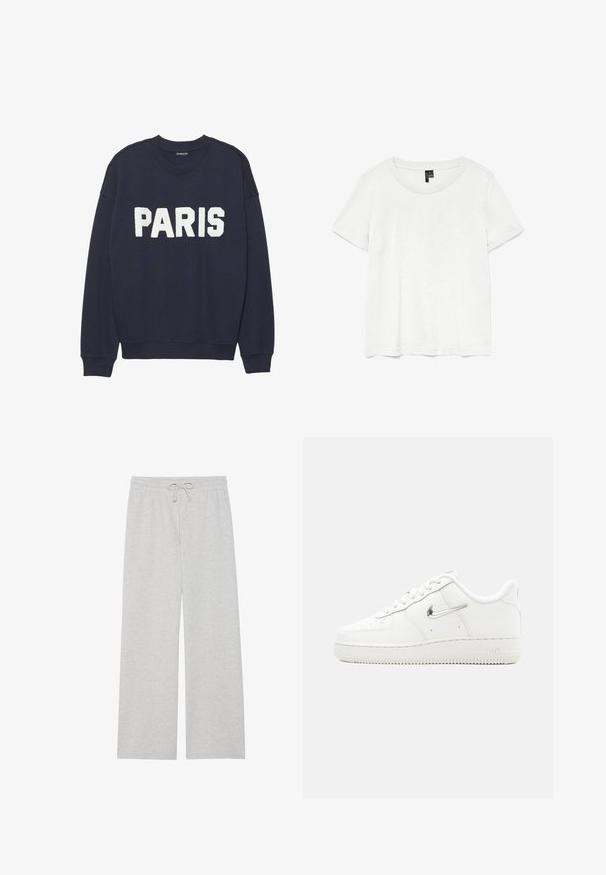 Sudadera azul marino con puños y cuello de canalé, que presenta letras de forro polar en blanco que dicen "PARIS" en la parte delantera.; Camiseta blanca de manga corta con un cuello redondo, hecha de tejido ligero. Diseño simple, textura suave y dobladillo recto.; Pantalones de chándal gris claro en una suave mezcla de algodón, con un diseño de pierna ancha, cintura elástica con cordón ajustable y sin bolsillos.; Zapatilla Nike Air Force 1 blanca con logo Swoosh metálico plateado, cordones en la parte frontal, puntera perforada y suela de goma texturizada.