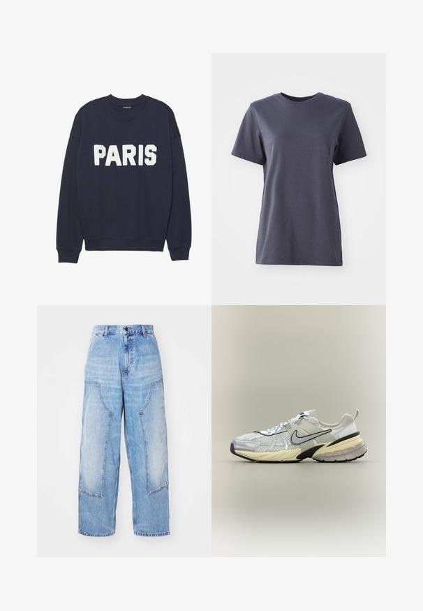 Sudadera azul marino con puños y cuello de canalé, que presenta letras de forro polar en blanco que dicen "PARIS" en la parte delantera.; Camiseta de manga corta en algodón gris oscuro, diseño de cuello redondo, textura suave, dobladillo recto, sin patrones visibles ni detalles metálicos.; Pantalones de mezclilla anchos de color azul claro con dos grandes bolsillos frontales, cierre de botón y un ligero desgaste. Detalles de costura en los bolsillos.; Zapatilla Nike blanca y gris con parte superior de malla, logo swoosh negro, entresuela beige y suela negra sobre un fondo claro.