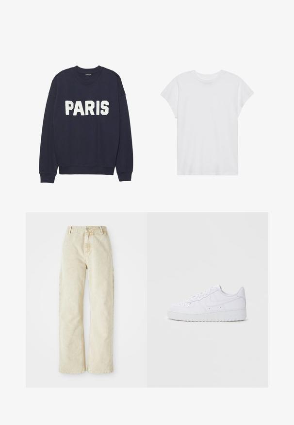 Marineblå sweatshirt med ribbede manchetter og halsudskæring, prydet med hvid fleece-tekst, der står "PARIS" på forsiden.; Hvid kortærmet t-shirt med rund hals, afslappet pasform, lavet af blødt bomuldsstof. Glat tekstur, ingen mønstre eller logoer.; Beige bredde denim bukser med høj talje, der har en frontknap og lynlås, bæltesløjfer og sidelommer. Blød tekstur.; Hvide Nike Air Force 1 sneakers med læderoverdel, rund tå, snørelukning, polstret krave og struktureret gummisål.