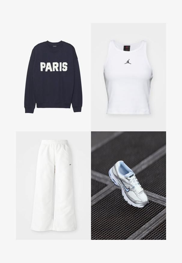 Námornícky modré mikina s rebrovanými manžetami a výstrihom, na prednej strane s bielym fleece nápisom "PARÍŽ".; Biely crop tank top vyrobený z bavlny s rebrovanou textúrou. Obsahuje čierne logo Jordan v strede a klasický okrúhly výstrih.; Biele športové nohavice so širokým strihom, elastickým pásom a malým čiernym logom Nike na ľavej strane. Hladký, ľahký materiál.; Biele sieťové atletické topánky so striebornými akcentmi, svetlomodrým prešívaním a čiernym logom swoosh. Majú vystužený golier a textúrovanú podrážku.