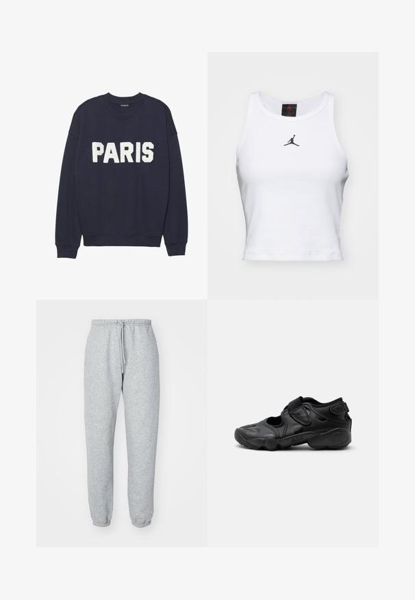 Námornícky modré mikina s rebrovanými manžetami a výstrihom, na prednej strane s bielym fleece nápisom "PARÍŽ".; Biely crop tank top vyrobený z bavlny s rebrovanou textúrou. Obsahuje čierne logo Jordan v strede a klasický okrúhly výstrih.; Šedé tepláky vyrobené z měkké, strukturované tkaniny. Mají elastický pás s šňůrkou, zúžené kotníky a žádné viditelné vzory nebo logo.; Čierna športová sandála s uzavretou špičkou, suchými zipsami na priehlavku a päte a hrubou vystlanou podrážkou označenou "AIR" na boku.