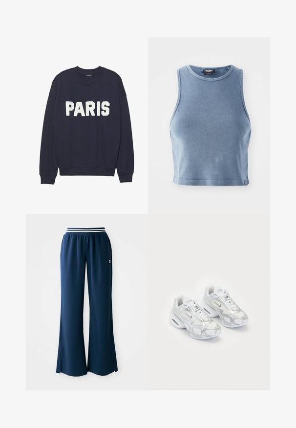 Sudadera azul marino con puños y cuello de canalé, que presenta letras de forro polar en blanco que dicen "PARIS" en la parte delantera.; Top corto acanalado de color azul claro con un escote redondo y diseño sin mangas. Textura suave y un pequeño detalle de logo en el dobladillo.; Pantalones deportivos azul marino, con pierna ancha y cinturilla elástica que presenta una franja blanca, y cortes laterales para mayor movimiento. Logo en el bolsillo.; Zapatillas deportivas blancas con parte superior de malla y acentos plateados, una forma única y amortiguación de aire en el talón. Diseño con cordones y logotipo.