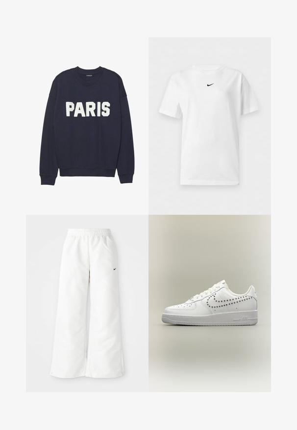 Marineblå sweatshirt med ribbede manchetter og halsudskæring, prydet med hvid fleece-tekst, der står "PARIS" på forsiden.; Hvid t-shirt med korte ærmer og rund halsudskæring med et lille sort Nike Swoosh-logo centreret nær kraven.; Hvide atletiske bukser med et bredbenet design, elastisk talje og et lille sort Nike-logo på venstre side. Glat, let materiale.; Hvid lavtop-sneaker med perforeret Nike-swoosh-design på siden, hvide snørebånd og tekstureret sål på en neutral baggrund.