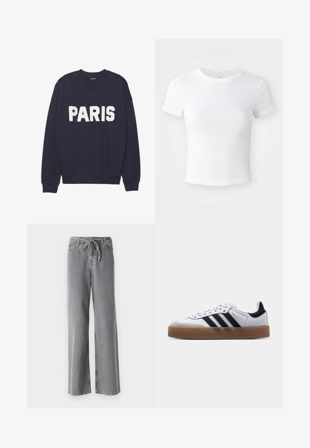 Marineblauwe sweatshirt met ribgebreide manchetten en halslijn, met witte fleece letters die "PARIJS" op de voorkant lezen.; Effen witte cropped t-shirt met korte mouwen en ronde hals, weergegeven op een neutrale lichte achtergrond.; Grijze wijde spijkerbroek gemaakt van denim, met een koordjesband en twee voorkantzakken. De textuur is zacht, met een lichte vervaging.; Witte leren sneakers met zwarte strepen, gumrubberen buitenzool, ronde neus, vetersluiting en een zachte grijze suède neuskap.