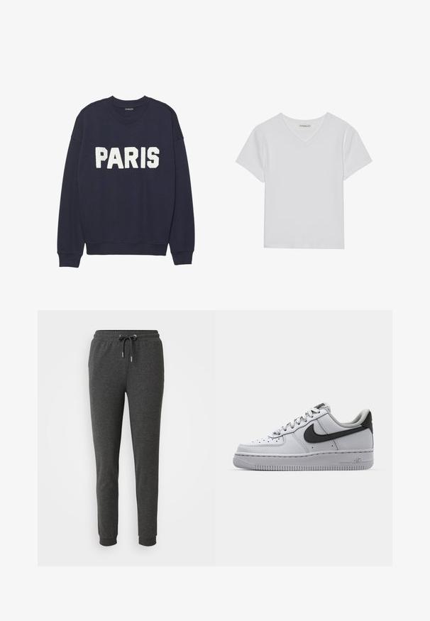 Sudadera azul marino con puños y cuello de canalé, que presenta letras de forro polar en blanco que dicen "PARIS" en la parte delantera.; Camiseta blanca de manga corta y cuello en V, hecha de tela acanalada. Presenta un diseño limpio con un dobladillo recto y un detalle mínimo.; Pantalones de chándal gris oscuro hechos de tejido suave, con una cinturilla elástica con cordón, piernas ajustadas y puños en los tobillos.; Zapatilla blanca de cuero con detalles en gris, punta redonda, superficie texturizada, cuello acolchado y logotipo de swoosh negro en contraste. Suela con amortiguación de aire.