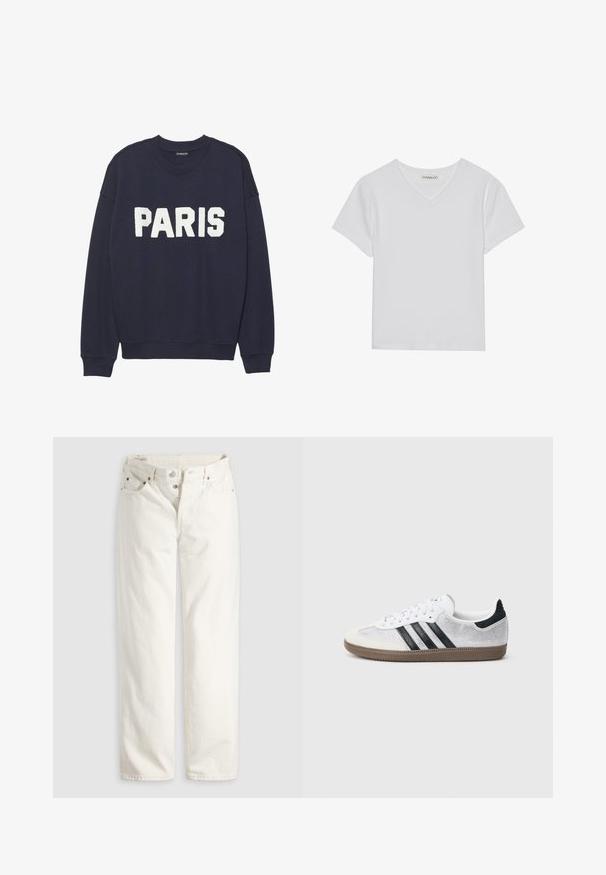 Sudadera azul marino con puños y cuello de canalé, que presenta letras de forro polar en blanco que dicen "PARIS" en la parte delantera.; Camiseta blanca de manga corta y cuello en V, hecha de tela acanalada. Presenta un diseño limpio con un dobladillo recto y un detalle mínimo.; Vaqueros blancos de talle alto con pierna recta, cremallera de botones, bolsillos delanteros y traseros, y remaches de cobre visibles en las esquinas de los bolsillos.; Zapatilla blanca de malla con rayas negras, puntera y detalle en el talón de ante beige, suela de goma texturizada y cordones blancos. Diseño clásico de corte bajo.