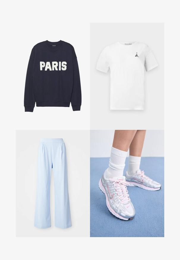 Marineblå sweatshirt med ribbede manchetter og halsudskæring, prydet med hvid fleece-tekst, der står "PARIS" på forsiden.; Hvid bomulds t-shirt med rund halsudskæring, prydet med et lille sort Eiffeltårn-logo på venstre bryst. Korte ærmer og afslappet pasform.; Lyseblå bredbenede bukser med en glat tekstur, elastisk talje og plisserede detaljer på fronten. Fremstillet af et blødt stof.; Nike løbesko med sølvnetoverdel og pink detaljer, hvide snørebånd og en struktureret sål. Båret sammen med hvide bomulds sportsstrømper.