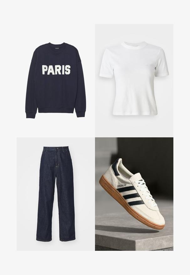 Sudadera azul marino con puños y cuello de canalé, que presenta letras de forro polar en blanco que dicen "PARIS" en la parte delantera.; Camiseta blanca de manga corta con canalé, escote redondo y un pequeño logo en el pecho. Fabricada con una tela suave y con un diseño ajustado.; Jeans de mezclilla oscuros de pierna recta con lazos para cinturón, botón delantero y bolsillos laterales sobre un fondo blanco.; Zapatilla de ante blanca con franjas en azul marino, suela de goma, parte superior texturizada, puntera redonda y cordones; presenta una marca en el lateral y en la lengüeta.