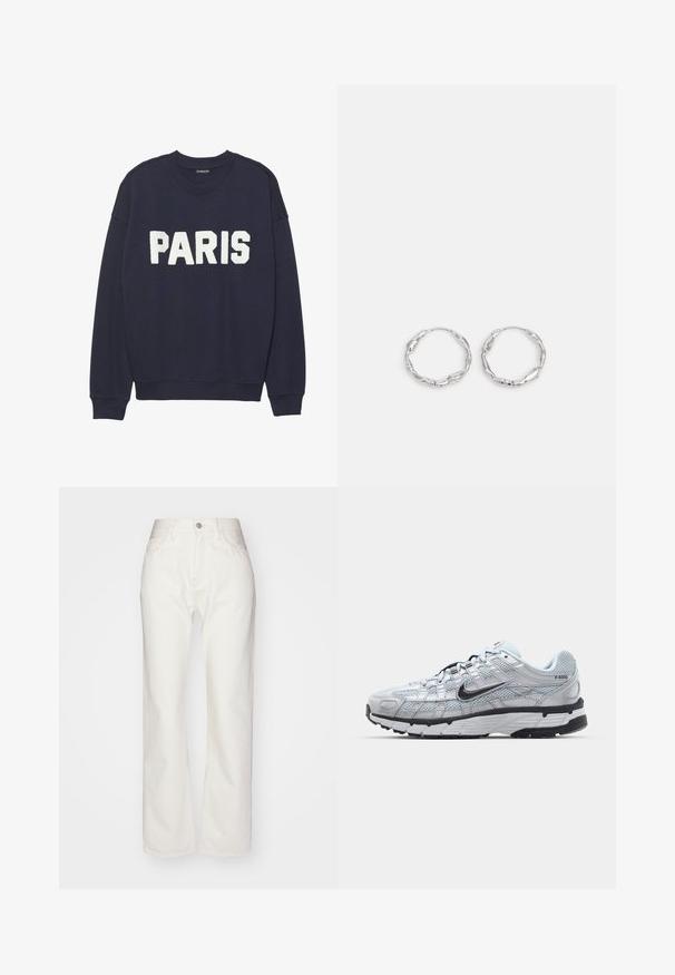 Marineblå sweatshirt med ribbede manchetter og halsudskæring, prydet med hvid fleece-tekst, der står "PARIS" på forsiden.; Hvide denimbukser med høj talje og bred benpasform. Har en knap- og lynlåslukning, bæltesløjfer og subtile syninger.; Nike P-6000 sneakers med en lys grå mesh overdel, sorte accenter og en holdbar sort gummisål. Har et detaljeret design og snøresystem.; Sølv hoops med en bølget, uregelmæssig tekstur. Har en tynd, cirkulær form og en reflekterende finish.