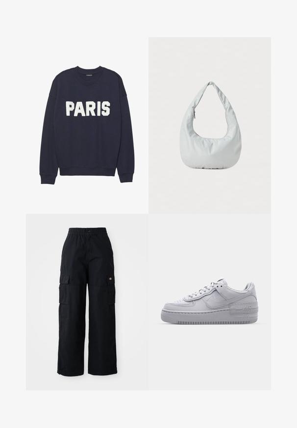 Sudadera azul marino con puños y cuello de canalé, que presenta letras de forro polar en blanco que dicen "PARIS" en la parte delantera.; Pantalones cargo negros con una cintura elástica y un botón. Cuenta con dos bolsillos laterales grandes y un logo de parche en la pierna izquierda. Diseño de pierna ancha.; Zapatilla Nike Air Force 1 gris con puntera perforada, parte superior de cuero suave, suela gruesa y detalle en relieve 'AIR' en el talón.; Bolso hobo suave y de color gris claro, hecho de material sintético. Cuenta con un asa acolchada y un compartimento con cremallera en el lateral.