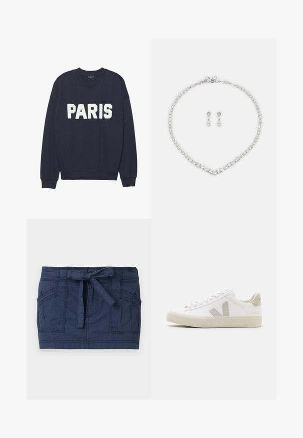 Marineblå sweatshirt med ribbede manchetter og halsudskæring, prydet med hvid fleece-tekst, der står "PARIS" på forsiden.; Marinblå mininederdel med store forlommer og et bundet stofbælte i taljen, lavet af tekstureret bomuldsstof.; Hvide sneakers lavet af læder med grå V-logo detaljer, struktureret gummisål, hvide snørebånd samt polstret tunge og krave.; Rhinestone halskæde med V-formet design og metal i sølvfarve. Matchet med hængende øreringe med dråbeformede sten.