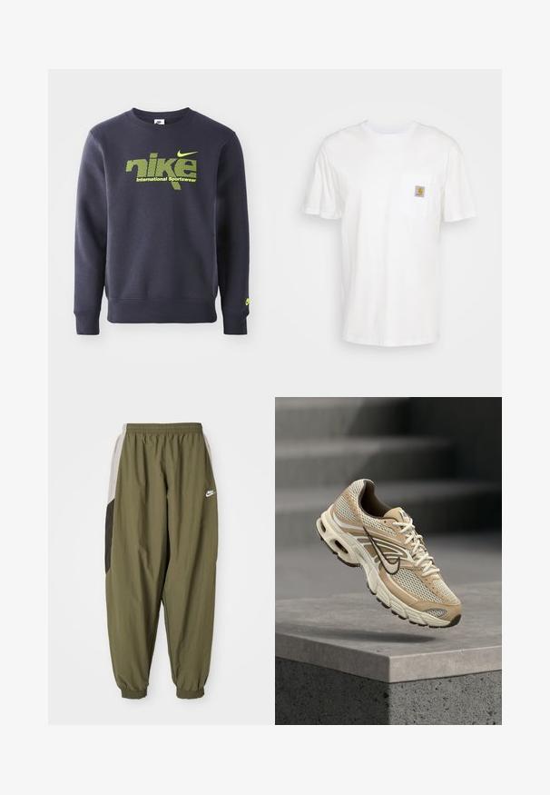 Námornícky modrý mikina vyrobená z bavlnenej zmesi, s neónovo zeleným logom a textom "nike international sportswear" na hrudi, s rebrovanými manžetami a lemom.; Biele bavlnené tričko s krátkymi rukávmi, vreckom na hrudi a malou štvorcovou nášivkou v oranžovej a bielej farbe na vrecku.; Olivovo zelené športové nohavice Nike s elastickým pásom a manžetami. Obsahujú bočné panely v svetlošedej a tmavošedej farbe s detailom loga.; Béžovo-biele bežecké topánky Nike s mesh panelmi a čiernym logo Swoosh, vznášajúce sa nad betónovým obrubníkom s rozmazanými schodmi v pozadí.