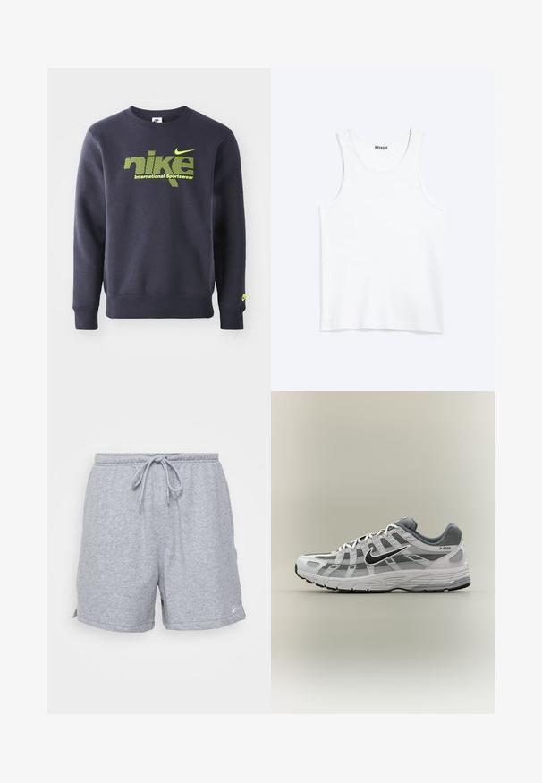 Marineblauwe sweatshirt van katoenmix, met neon groene logo en tekst "nike international sportswear" op de borst, geribbelde manchetten en onderste rand.; Wit mouwloos hemdje met ronde hals en Weekday-merklabel aan de binnenkant van de achterkraag, plat weergegeven op een lichte achtergrond.; Grijze katoenen sportshorts met een verstelbare trekkoord taille, zijzakken en een klein logo op de onderste zoom.; Wit-grijze Nike P-6000 sneaker met zwarte swoosh, mesh panelen en gestructureerde zool, zijaanzicht op een neutrale achtergrond.