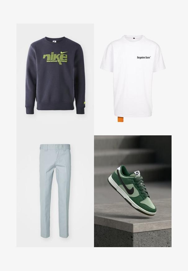 Marineblauer Sweatshirt aus Baumwollmischung, mit neongrüner Logo und dem Text "nike international sportswear" auf der Brust, gerippte Bündchen und Saum.; Weißes Baumwoll-T-Shirt mit schwarzem Logo auf der linken Brust und einem orangefarbenen Etikett am unteren Rand. Kurze Ärmel und klassischer Rundhalsausschnitt.; Hellblaue, gerade geschnittene Hose aus gewebtem Stoff. Mit flachem Bund und Gürtelschlaufen. Keine sichtbaren Muster oder Akzente.; Grüne Nike Dunk Sneaker mit Leder- und Wildlederdesign, schwarzem Swoosh, weißen Akzenten, perforierter Zehenkappe und Gummiaußensohle.