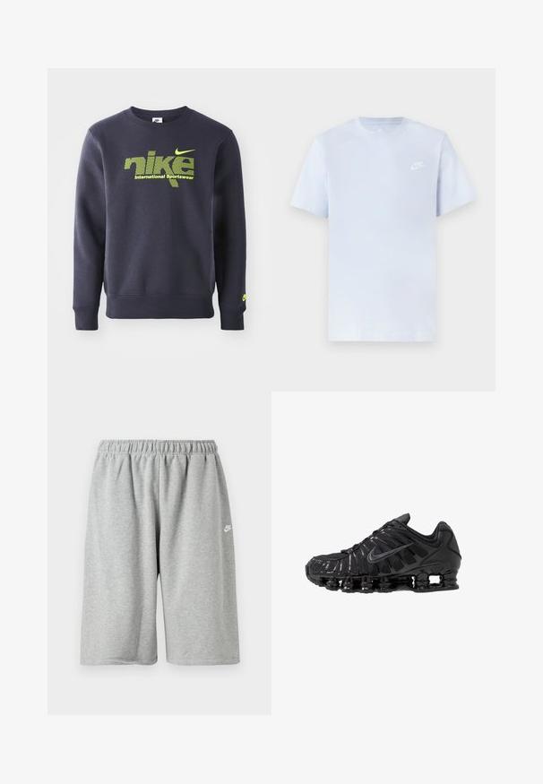 Marineblauwe sweatshirt van katoenmix, met neon groene logo en tekst "nike international sportswear" op de borst, geribbelde manchetten en onderste rand.; Lichtblauwe katoenen t-shirt met korte mouwen, ronde hals en een wit Nike-logo gedrukt op de linkerborst. Glad textuur, eenvoudig ontwerp.; Grijze katoenen shorts met een elastische tailleband, voorzien van een losse pasvorm en een klein wit logo vlakbij de zoom. Gladde textuur, boven-knielengte.; Zwarte sportschoenen gemaakt van mesh en synthetische materialen, met een opvallend golvend ontwerp, zwarte rubberen zool en reflecterende accenten.