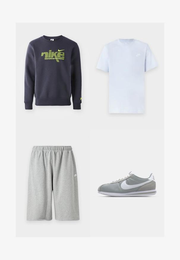 Tumesinine sviiter puuvillasegist, millel on neoonroheline logo ja tekst "nike international sportswear" rinna kohal, soonikkoes mansetid ja allserv.; Hele sinine puuvillane t-särk lühikeste varrukatega, ümar kaelus ja valge Nike logo trükituna vasakul rinnal. Sile tekstuur, lihtne disain.; Hallid puuvillased püksid elastse vöökoha ja lahtise lõikega, väike valge logo ääre lähedal. Sile tekstuur, pikkus üle põlve.; Hallitus hallikets pro piletse ja teki, valge Nike swoosh ja valged paelad. Omab tekstuuriga kummitalda ja polsterdatud krae.