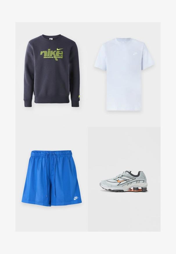 Sweatshirt bleu marine en mélange de coton, avec un logo et le texte "nike international sportswear" en néon vert sur la poitrine, des poignets et un ourlet côtelés.; T-shirt en coton bleu clair avec des manches courtes, col rond, et un logo Nike blanc imprimé sur la poitrine gauche. Texture lisse, design simple.; Shorts de sport bleus avec taille élastique et cordon, arborant le logo Nike blanc sur la partie inférieure de la jambe gauche.; Chaussure de course gris clair avec accents noirs, logo orange, tige en mesh, col rembourré et semelle en caoutchouc avec unités d'absorption des chocs visibles.