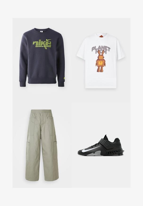 Tummansininen collegepaita, joka on valmistettu puuvillasekoitteesta. Paidassa on neonvihreä logo ja teksti "nike international sportswear" rinnassa, sekä ribbireunat hihoissa ja helmassa.; Valkoinen lyhythihainen t-paita, jossa on oranssin ja ruskean sävyinen sarjakuvapupu ja teksti "PLANET MCM" kuvituksen yläpuolella.; Reisitaskuhousut, oliivinvihreät, joissa on joustava vyötärö, useita taskuja ja sileä pinta. Kapeampi leveys helman kohdalla.; Mustat urheilukengät, joissa on virtaviivainen muotoilu, näyttävä valkoinen Nike-logo, tekstuuripinnat ja erottuva muotoiltu pohja.
