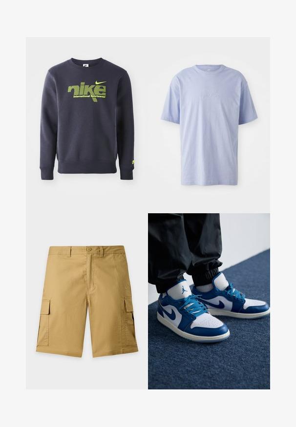 Mørkeblå sweatshirt lavet af bomuldsblanding, med neongrøn logo og teksten "nike international sportswear" på brystet, ribbede manchetter og kant.; Lysblå bomulds T-shirt med rund halsudskæring og korte ærmer. Har et præget "nike" logo i midten foran. Blød tekstur.; Khaki cargoshorts med frontknap, bæltestropper, sidelommer med klap og diskret mærkelogo på højre benlomme.; Nike Air Jordan sneakers har en hvid læderbase med blå syntetiske detaljer, en perforeret tåboks og blå snørebånd.