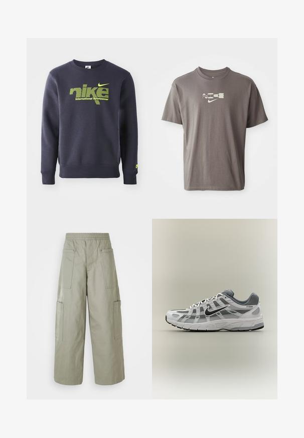 Námornícky modrý mikina vyrobená z bavlnenej zmesi, s neónovo zeleným logom a textom "nike international sportswear" na hrudi, s rebrovanými manžetami a lemom.; Hnedé tričko s krátkym rukávom a svetlým logom "Nike" potlačeným na prednej strane, s voľným, uvoľneným strihom.; Voľné olivovozelené cargo nohavice s elastickým pásom, viacerými vreckami a hladkou textúrou. Zúženie šírky na leme.; Biela a sivá teniska Nike P-6000 s čiernym logom, sieťovinovými panelmi a štruktúrovanou podrážkou, zobrazená v bočnom profile na neutrálnom pozadí.