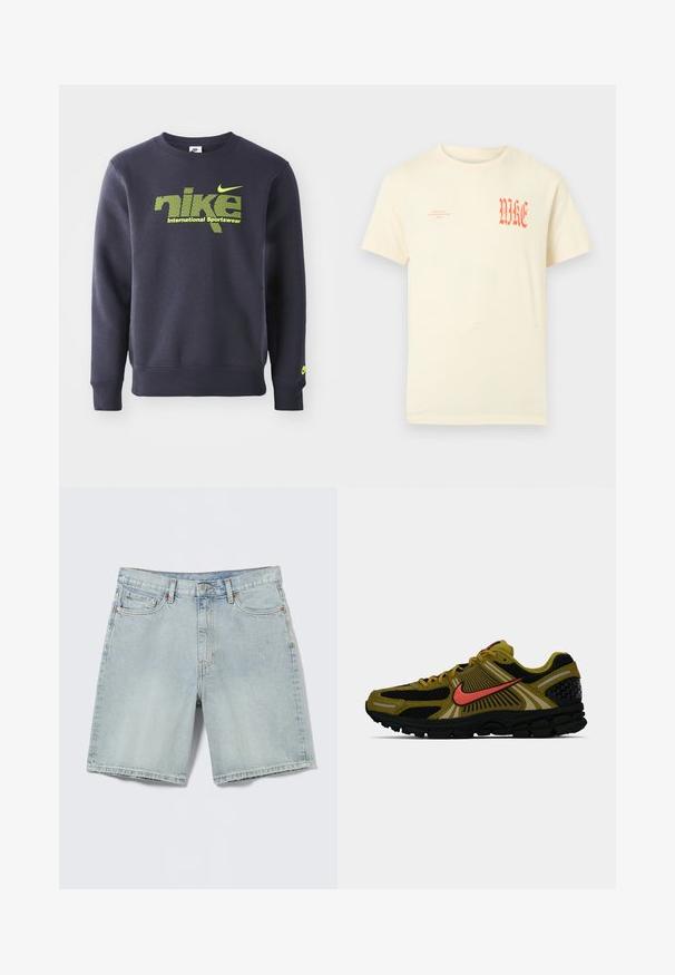 Tummansininen collegepaita, joka on valmistettu puuvillasekoitteesta. Paidassa on neonvihreä logo ja teksti "nike international sportswear" rinnassa, sekä ribbireunat hihoissa ja helmassa.; Kermanvärinen lyhythihainen T-paita, jossa vasemmassa rinnassa pieni oranssi "NIKE AIR INCORPORATED 1972" -teksti ja oikeassa rinnassa suuri tyylitelty "NIKE"-teksti.; Vaaleansiniset farkkushortsit, joissa etutaskut, vyölenkit ja napillinen suljin yksivärisellä vaalealla taustalla.; Olivi vihreä ja musta Nike-juoksukenkä, jossa on oranssi swoosh ja heijastavat yksityiskohdat, sivuprofiilikuva valkoisella taustalla.