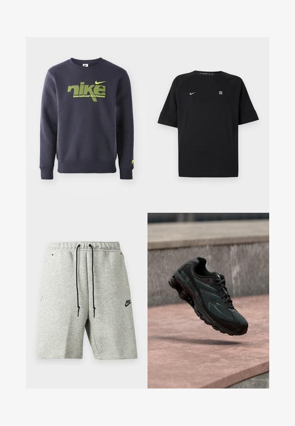 Tumesinine sviiter puuvillasegist, millel on neoonroheline logo ja tekst "nike international sportswear" rinna kohal, soonikkoes mansetid ja allserv.; Must Nike lühikeste varrukatega spordisärk valge kaarelogoga vasakul rinnal ja väike ruudukujuline embleem paremal rinnal, ühevärviline taust.; Heledalt hallid Nike lühikesed püksid mustade nööridega, elastse vöökohaga, küljetaskutega ja väikese musta Nike logoga vasakul jalal.; Must sportlik toss nähtava õhkpadi keskmise tallaga, hõljudes roosa kivipinna kohal, mille taustal on hall kivimüür.