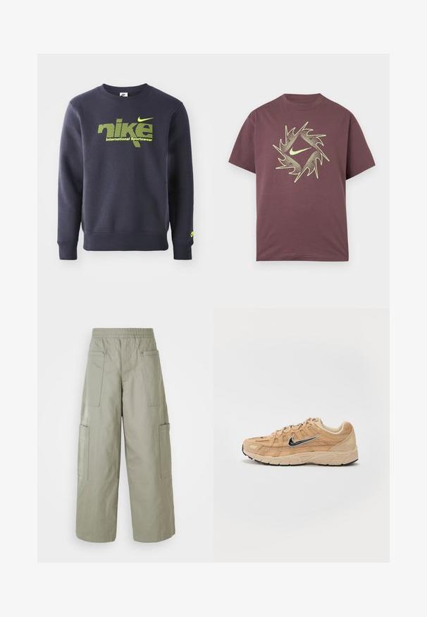 Sudadera azul marino de mezcla de algodón, con logo verde neón y el texto "nike international sportswear" en el pecho, puños y dobladillo acanalados.; Camiseta de manga corta color burdeos con un diseño abstracto circular espinado en neón amarillo y un logo central de swoosh en el pecho.; Pantalones cargo holgados de color verde oliva con una cinturilla elástica, múltiples bolsillos y una textura suave. Ancho colapsable en el dobladillo.; Zapatilla deportiva beige con materiales de malla y ante, silueta curva, suela negra, prominente logo plateado de Nike en el lateral y acentos texturizados.
