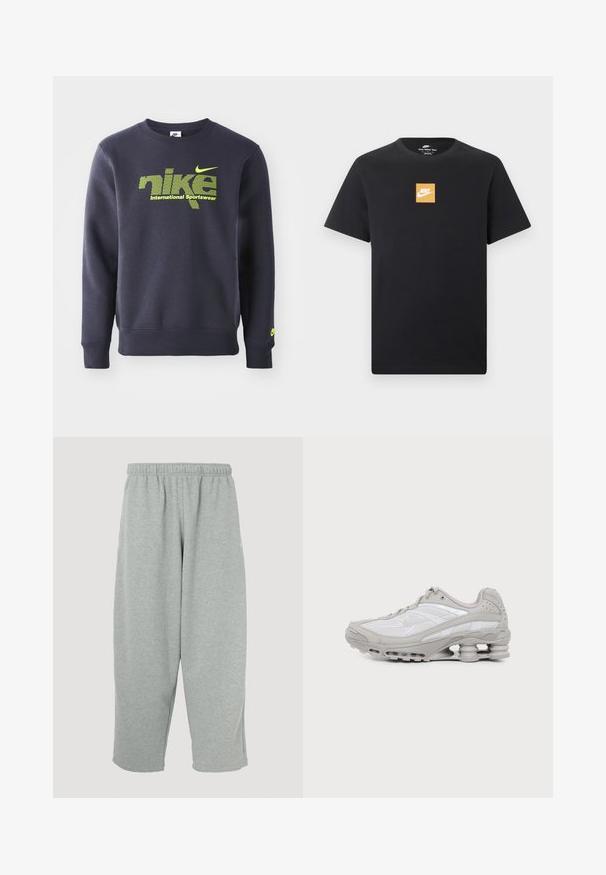 Mørkeblå sweatshirt lavet af bomuldsblanding, med neongrøn logo og teksten "nike international sportswear" på brystet, ribbede manchetter og kant.; Sort kortærmet Nike T-shirt med en lille orange firkantet logo og hvid Nike-swoosh placeret centralt på brystet.; Lysegrå joggingbukser med elastisk taljebånd, konisk ben-design og blød tekstur. Ingen synligt mærke eller mønstre.; Nike Sportswear SHOX RIDE 2 - Sneakers - vast grey/college grey