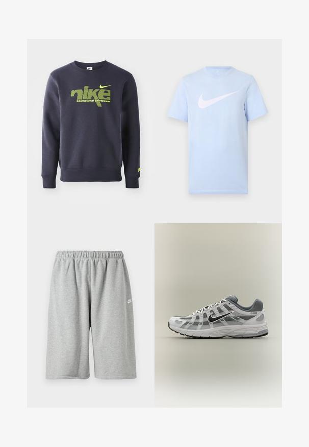 Mørkeblå sweatshirt lavet af bomuldsblanding, med neongrøn logo og teksten "nike international sportswear" på brystet, ribbede manchetter og kant.; Lyseblå T-shirt med korte ærmer og en stor hvid Nike swoosh-logo midt på forsiden mod en ensfarvet baggrund.; Grå bomuldsshorts med elastik i taljen, med løs pasform og et lille hvidt logo nær kanten. Glat tekstur, længde over knæet.; Hvid og grå Nike P-6000 sneaker med sort swoosh, meshpaneler og tekstureret sål, vist i sideprofil på neutral baggrund.