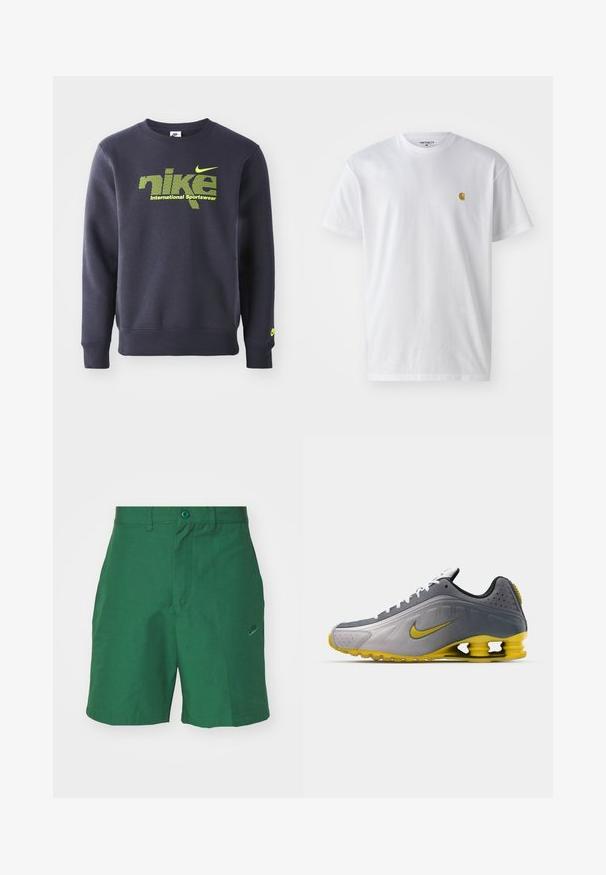Tumesinine sviiter puuvillasegist, millel on neoonroheline logo ja tekst "nike international sportswear" rinna kohal, soonikkoes mansetid ja allserv.; Valge puuvillane t-särk lühikeste varrukatega, ümmargune kaelus, millel on väike kuldne logo vasakul rinnal. Pehme tekstuur ja regulaarne lõike.; Roheline põimitud lühikesed püksid laia esiotsaga, kahe küljetaskuga ja diskreetne Nike logo tikandina vasakul jalal. Sisaldab nööpkinni.; Nike Sportswear SHOX R4 SE UNISEX - Tossud - vast grey/bright citron/light graphite/smoke grey/white/black