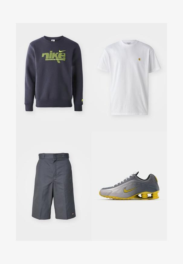 Tumesinine sviiter puuvillasegist, millel on neoonroheline logo ja tekst "nike international sportswear" rinna kohal, soonikkoes mansetid ja allserv.; Valge puuvillane t-särk lühikeste varrukatega, ümmargune kaelus, millel on väike kuldne logo vasakul rinnal. Pehme tekstuur ja regulaarne lõike.; Hallid lühikesed püksid, valmistatud vastupidavast kangast, sirge lõikega, kahte küljetaskut ja väike logo tagataskul.; Nike Sportswear SHOX R4 SE UNISEX - Tossud - vast grey/bright citron/light graphite/smoke grey/white/black