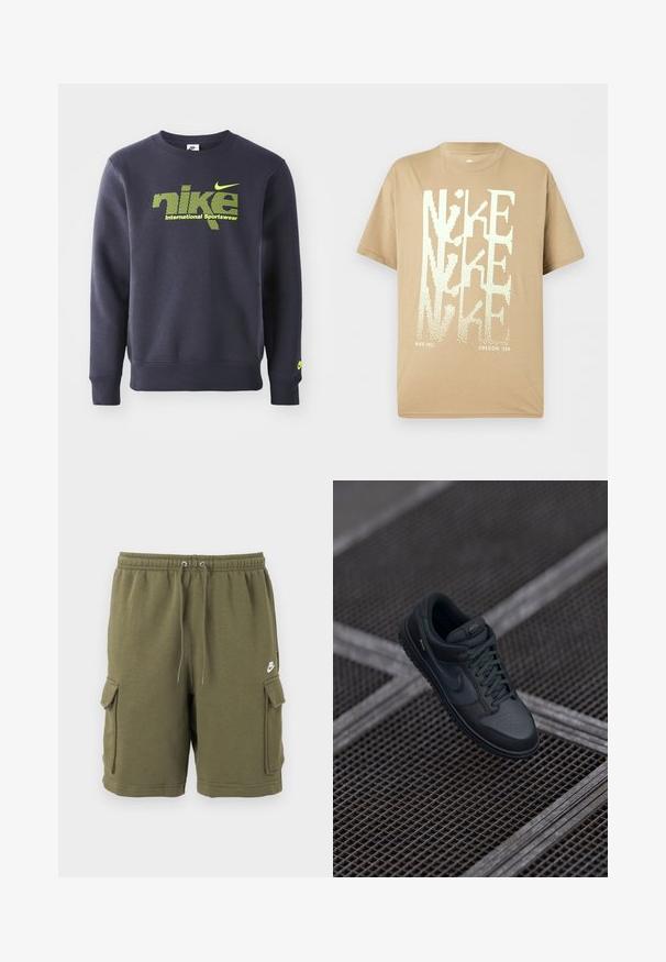 Tumesinine sviiter puuvillasegist, millel on neoonroheline logo ja tekst "nike international sportswear" rinna kohal, soonikkoes mansetid ja allserv.; Beež lühikeste varrukatega Nike T-särk, millel on kattuvad suured valged "NIKE" tähed ning allosas väikesed "NIKE INC." ja "OREGON, USA" tekstid.; Oliivirohelised Nike lahtised püksid elastse vöökohaga, reguleeritava nööriga, küljetaskutega ja väikese valge Nike logoga vasakul reiel.; Mustmustest Nike tennis jalan mustast mustasturg. Rondoe metallin unned on puasitugen. Draagest ja väheline brändimine.
