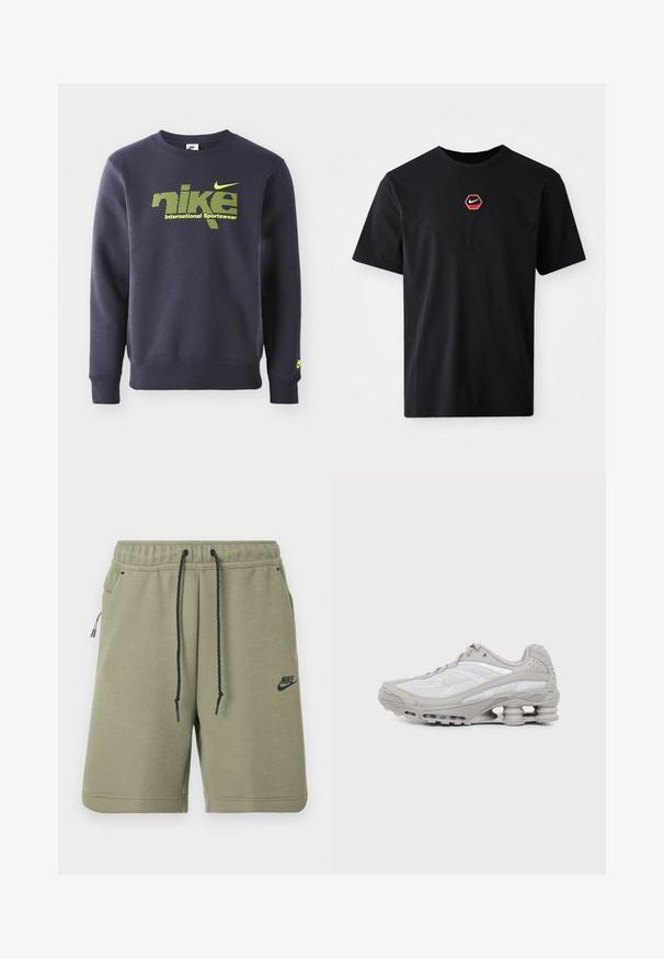Námornícky modrý mikina vyrobená z bavlnenej zmesi, s neónovo zeleným logom a textom "nike international sportswear" na hrudi, s rebrovanými manžetami a lemom.; Čierne tričko s krátkym rukávom z bavlny, s červeno-bielym šesťuholníkovým logom Nike na hrudi a zaobleným výstrihom.; Olivovo zelené šortky Nike s čiernym sťahovacím šnúrkom, elastickým pásom, bočnými vreckami a logom Nike na ľavej nohe.; Šedá a biela športová teniska s viditeľnou podrážkou s vzduchovou vložkou a sieťovinovými panelmi, zobrazená v profile na jednoduchom svetlom pozadí.