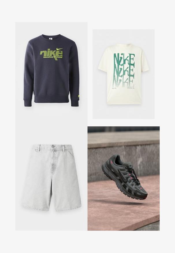 Námornícky modrý mikina vyrobená z bavlnenej zmesi, s neónovo zeleným logom a textom "nike international sportswear" na hrudi, s rebrovanými manžetami a lemom.; Biele tričko s krátkym rukávom s veľkým zeleným skresleným textom „NIKE“ usporiadaným vertikálne a malým textom „NIKE INC. OREGON, USA“ v dolnej časti.; Svetlošedé bavlnené kraťasy klasického strihu, s krytým zipsom, pútkami na opasok a bočnými vreckami. Hladká textura s jednoduchým dizajnom.; Sivo-čierny teniska Nike s ružovými detailmi, zavesená vo vzduchu nad kamenným povrchom, zobrazujúca bočné a horné detaily.