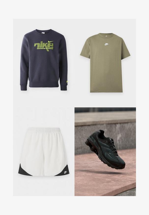 Námornícky modrý mikina vyrobená z bavlnenej zmesi, s neónovo zeleným logom a textom "nike international sportswear" na hrudi, s rebrovanými manžetami a lemom.; Olivovo zelené tričko Nike s krátkym rukávom a okrúhlym výstrihom s bielym logom na hrudi na jednofarebnom svetlosivom pozadí.; Biele atletické krátke nohavice s elastickým pásom a čiernymi trojuholníkovými panelmi pri otvoroch na nohách, s bielym logom Nike na pravej strane.; Čierna atletická teniska s viditeľnou medzipodrážkou s air cushioning, ktorá visí nad ružovým kamenným povrchom s pozadím sivej kamennej steny.