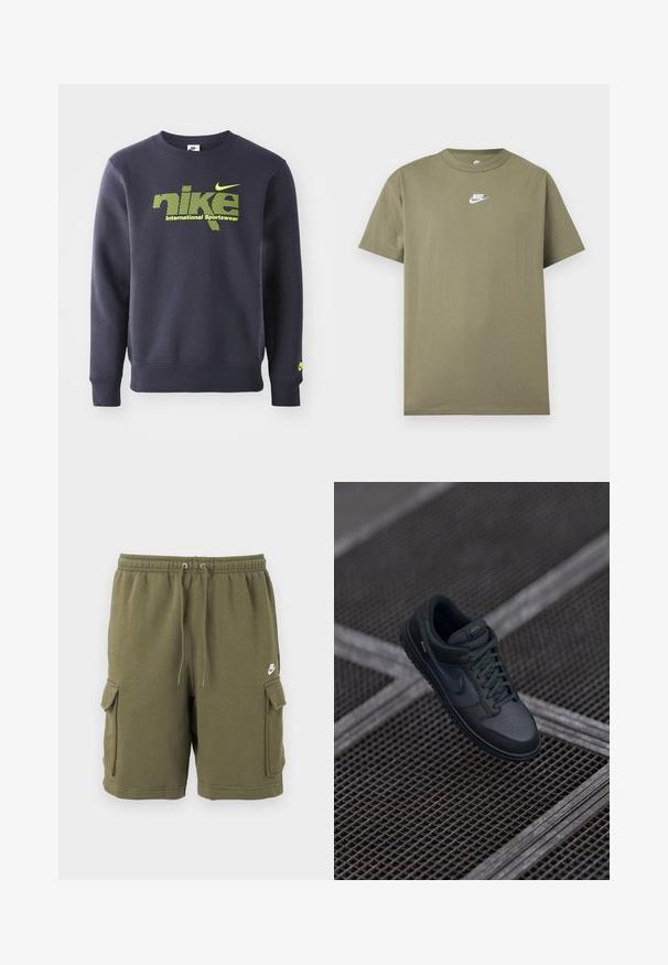 Tumesinine sviiter puuvillasegist, millel on neoonroheline logo ja tekst "nike international sportswear" rinna kohal, soonikkoes mansetid ja allserv.; Oliviroheline lühikeste varrukatega Nike T-särk, valge logoga rinnal, hele hallil ühevärvilisel taustal.; Oliivirohelised Nike lahtised püksid elastse vöökohaga, reguleeritava nööriga, küljetaskutega ja väikese valge Nike logoga vasakul reiel.; Mustmustest Nike tennis jalan mustast mustasturg. Rondoe metallin unned on puasitugen. Draagest ja väheline brändimine.