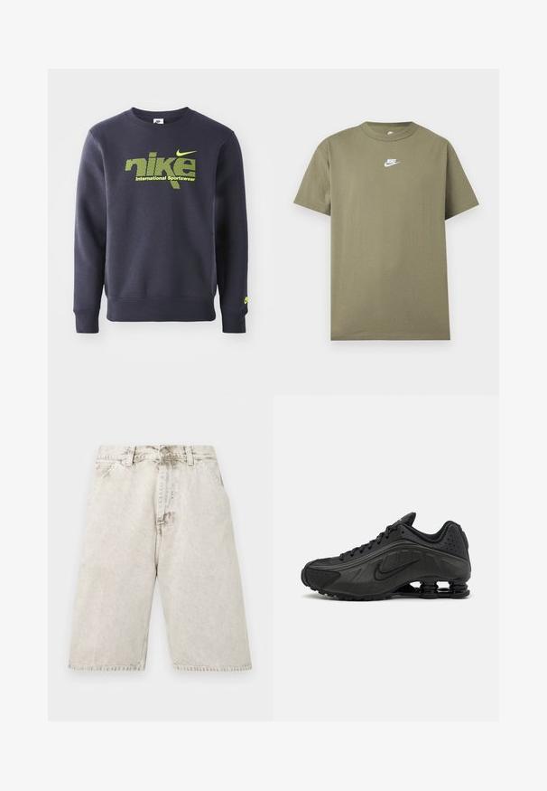 Námornícky modrý mikina vyrobená z bavlnenej zmesi, s neónovo zeleným logom a textom "nike international sportswear" na hrudi, s rebrovanými manžetami a lemom.; Olivovo zelené tričko Nike s krátkym rukávom a okrúhlym výstrihom s bielym logom na hrudi na jednofarebnom svetlosivom pozadí.; Svetlošedé vyblednuté rifľové šortky s prednými vreckami, pútkami na opasok a zapínaním na gombík, zobrazené na bielom pozadí.; Čierne bežecké topánky s hladkým syntetickým zvrškom, perforovanými akcentmi, textúrovanými bočnými panelmi a výraznou pružnou podrážkou.
