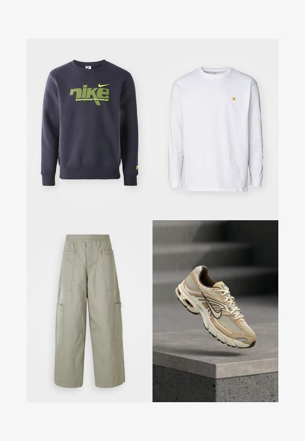 Námornícky modrý mikina vyrobená z bavlnenej zmesi, s neónovo zeleným logom a textom "nike international sportswear" na hrudi, s rebrovanými manžetami a lemom.; Biely tričko s dlhým rukávom z bavlny. Na hrudi má malé zlaté logo a okrúhly výstrih. Jednoduchý dizajn a štandardný strih.; Voľné olivovozelené cargo nohavice s elastickým pásom, viacerými vreckami a hladkou textúrou. Zúženie šírky na leme.; Béžovo-biele bežecké topánky Nike s mesh panelmi a čiernym logo Swoosh, vznášajúce sa nad betónovým obrubníkom s rozmazanými schodmi v pozadí.