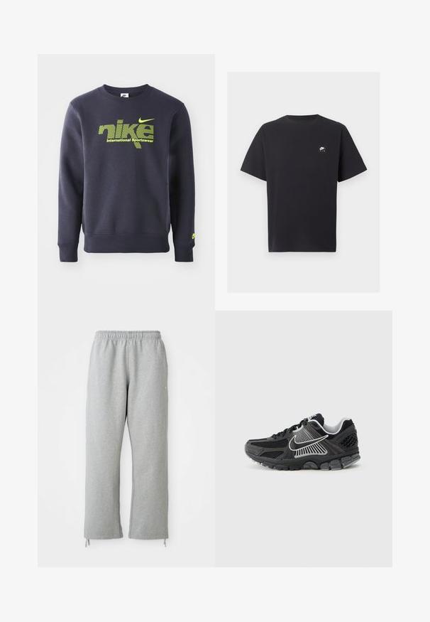 Námornícky modrý mikina vyrobená z bavlnenej zmesi, s neónovo zeleným logom a textom "nike international sportswear" na hrudi, s rebrovanými manžetami a lemom.; Čierne tričko Nike Air s krátkym rukávom, okrúhlym výstrihom a malým bielym logom na ľavej strane hrude.; Sivé tepláky s elastickým pásom, rovným strihom a šnúrkami na leme. Vyrobené z mäkkej, textúrovanej látky.; Čierna športová obuv s panelmi z sieťoviny a syntetickými detailmi. Má zaoblenú špičku, hrubú odpruženú podrážku a kontrastné biele logo.