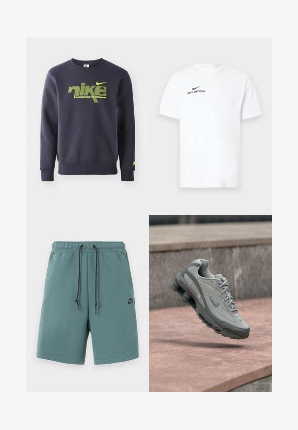 Sweatshirt bleu marine en mélange de coton, avec un logo et le texte "nike international sportswear" en néon vert sur la poitrine, des poignets et un ourlet côtelés.; T-shirt en coton blanc à manches courtes. Présente un logo noir "Nike Official" et un swoosh noir sur le côté gauche de la poitrine.; Shorts Nike de couleur sarcelle avec cordon noir, taille élastique, poches latérales et petit logo Nike noir sur la cuisse gauche.; Baskets Nike grises et blanches suspendues au-dessus d'une marche en pierre avec un amorti visible à air et une semelle texturée.
