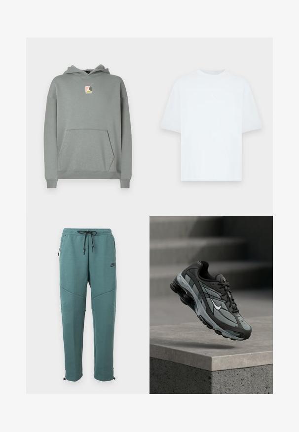 Sweat-shirt gris avec capuche, doté d'une poche avant et d'un petit écusson logo en rose, blanc et noir au niveau de la poitrine. Design classique.; T-shirt bleu clair à manches courtes en coton avec un col rond. Présente un petit logo Jordan blanc sur la poitrine.; Pantalon de jogging Nike turquoise avec taille à cordon de serrage noir, poches latérales zippées, détails sur les panneaux aux genoux et jambes fuselées avec poignets réglables.; Baskets athlétiques grises et noires avec panneaux en mesh et semelle épaisse, positionnées en plein air au-dessus d'un rebord en béton avec des escaliers en arrière-plan.