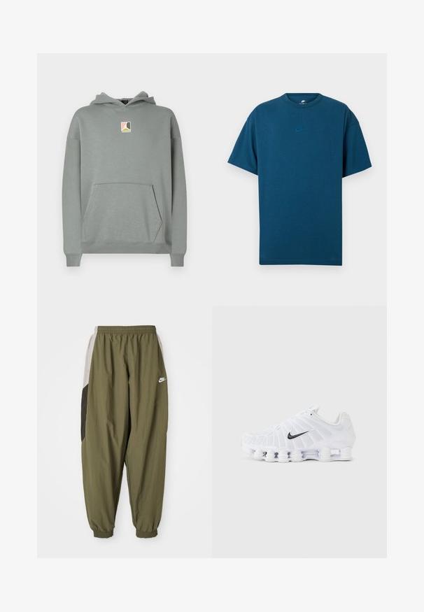 Sweat-shirt gris avec capuche, doté d'une poche avant et d'un petit écusson logo en rose, blanc et noir au niveau de la poitrine. Design classique.; T-shirt en coton bleu avec des manches courtes, un col rond et un petit logo Nike bleu clair sur la poitrine. Texture douce, coupe décontractée.; Pantalons de survêtement Nike vert olive avec taille élastique et poignets élastiques. Présente des panneaux latéraux en gris clair et gris foncé avec un détail de logo.; Chaussure de course Nike blanche avec logo swoosh noir, tige en mesh, et semelle segmentée en forme de ressort conçue pour l'amorti et le soutien.